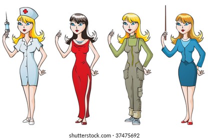 Set of 4 women, different occupations: nurse, singer, geologist and teacher. Vector illustration
