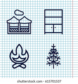 Set of 4 wood outline icons such as pine-tree, cupboard, pergola