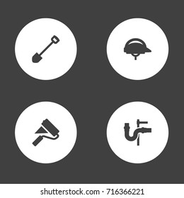 Set Of 4 Work Icons Set.Collection Of Spade, Paint Roller, Pipeline And Other Elements.