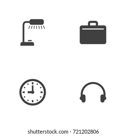 Set Of 4 Work Icons Set.Collection Of Timer, Briefcase, Earmuff And Other Elements.