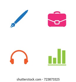 Set Of 4 Work Icons Set.Collection Of Diplomat, Diagram, Earmuff And Other Elements.