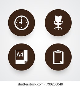 Set Of 4 Work Icons Set.Collection Of Office Chair, Timer, Paper A4 And Other Elements.