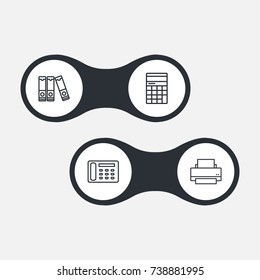 Set Of 4 Work Outline Icons Set.Collection Of Printing Machine, Contacts, Document Case And Other Elements.
