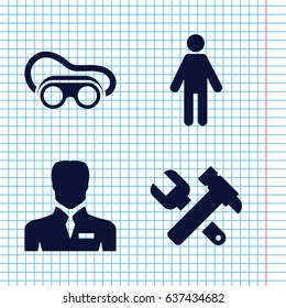 Set of 4 worker filled icons such as hummer and wrench, welding glasses, businessman