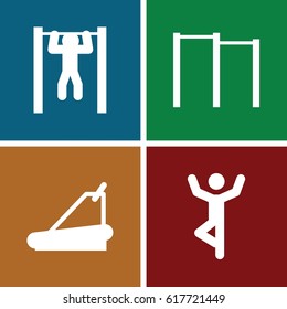 set of 4 workout filled icons such as treadmill, bar   tightening, horizontal bar
