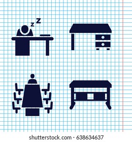 Set of 4 workplace filled icons such as office desk, man sleeping on table