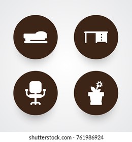 Set Of 4 Workspace Icons Set.Collection Of Flower, Desktop, Airchair And Other Elements.
