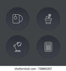 Set Of 4 Workspace Outline Icons Set.Collection Of Table Lamp, Calculator, Flowerpot And Other Elements.
