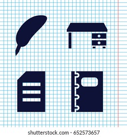 Set of 4 writing filled icons such as office desk, notebook, feather