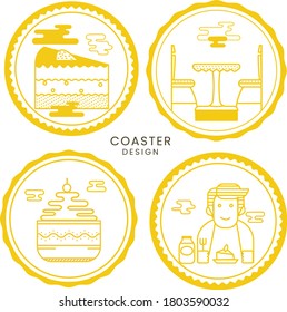 Set of 4 yellow coasters for drinks or beers. Cute vector style. Branding idea design for cafe or coffeeshop