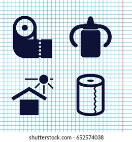 Set of 4 yellow filled icons such as baby bottle, paper towel