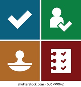 set of 4 yes filled icons such as checklist, stamp, add user