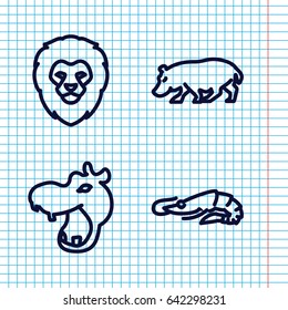 Set of 4 zoo outline icons such as hippopotamus, lion