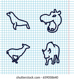 Set of 4 zoo outline icons such as hippopotamus, antelope, buffalo