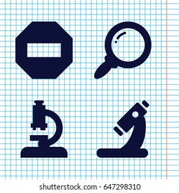 Set of 4 zoom filled icons such as microscope, search