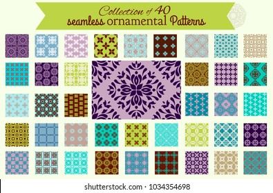 Set of 40 Azulejos Patterns. Set  of Tile Floor Oriental Spain Collection / Ornamental Geometric  Illustration  template.