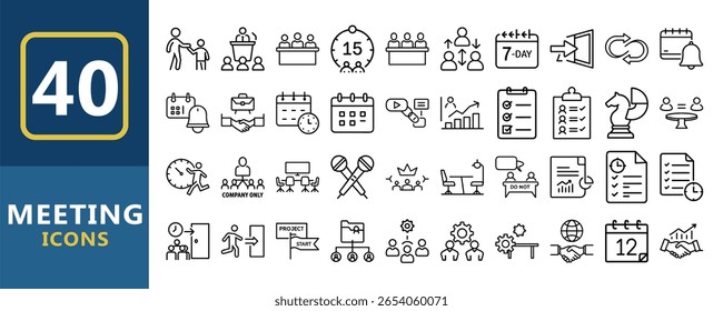 Conjunto de 40 iconos de arte de línea negra que representan varias etapas de reunión y actividades. Esta Imagen incluye reuniones, íconos, negocios, conferencias, presentaciones.