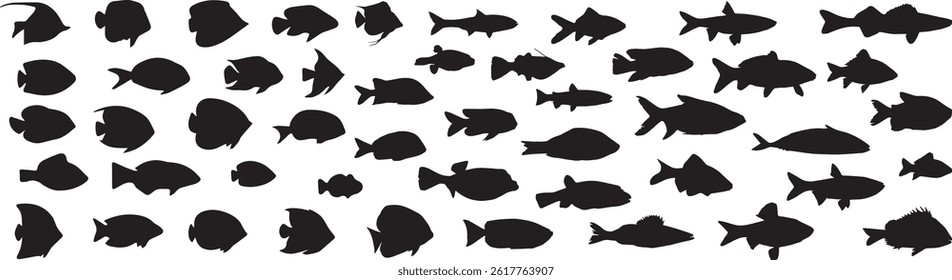 Set of 40+ black silhouettes of realistic fish