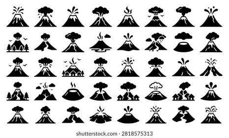 Set of 40 black volcano icons featuring erupting peaks, lava flows, magma splatter, and ash clouds. Minimalist flat silhouettes including variations with trees, houses, and atmospheric smoke.