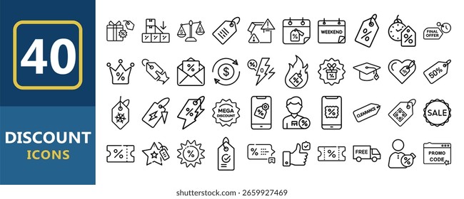 Conjunto de 40 iconos de arte de línea en blanco y negro que representan varios conceptos de descuento. Esta Imagen cuenta con descuento, venta, iconos, promoción, liquidación.