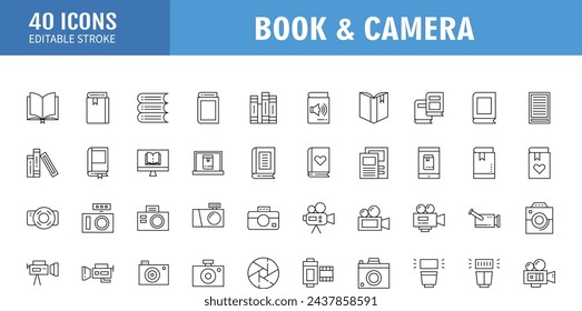 set of 40 book and camera line icon