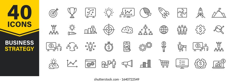 Set of 40 Business strategy web icons in line style. Startup, investment, financial, development, marketing, idea. Vector illustration.