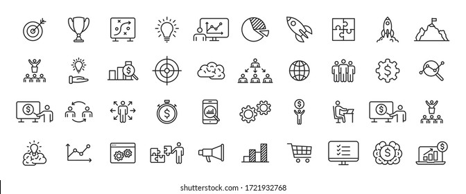 Conjunto de 40 iconos web de estrategia empresarial en estilo de línea. Inicio, inversión, finanzas, desarrollo, marketing, idea. Ilustración vectorial.