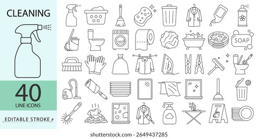 A set of 40 cleaning line icons in minimalist style with editable stroke. Hygiene tools, household cleaning objects, sanitation equipment, domestic symbols, linear vector illustrations for design.