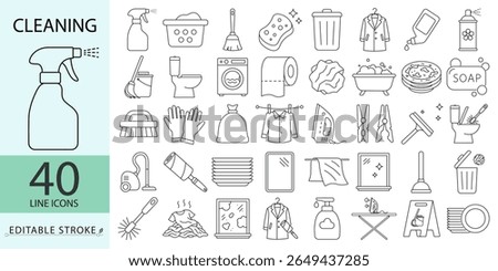 A set of 40 cleaning line icons in minimalist style with editable stroke. Hygiene tools, household cleaning objects, sanitation equipment, domestic symbols, linear vector illustrations for design.