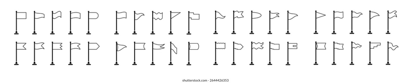  set of 40 Collection of flag and pennant icons with poles for start, end, banner, location, pin destination map pictograms in monoline form