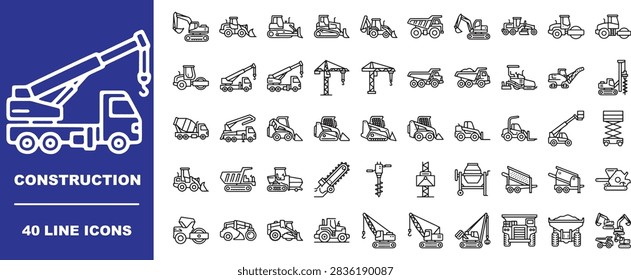 Set of 40 construction machinery line icons featuring various heavy equipment like cranes, excavators, bulldozers, and dump trucks for building and industrial projects