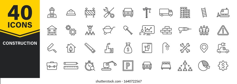 Set of 40 Construction web icons in line style. Building, engineer, business, road, builder, industry. Vector illustration.