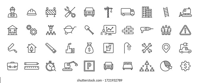 Conjunto de 40 iconos web de Construcción en estilo de línea. Edificio, ingeniero, negocio, carretera, constructor, industria. Ilustración vectorial.