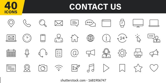 Conjunto de 40 iconos de Contáctenos en estilo de línea. Icono web y móvil. Chat, soporte, mensaje, teléfono. Ilustración vectorial.