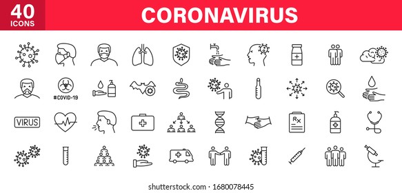 Set of 40 Coronavirus protection web icons in line style. Safety, health, coronavirus, virus, outbreak, contagious, epidemic, infection. Medical mask. Vector illustration.