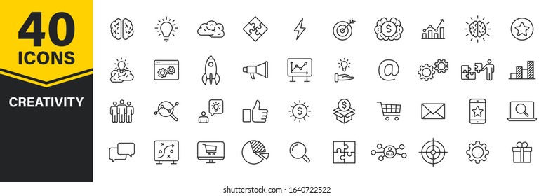 Set of 40 Creativity and Idea web icons in line style. Creativity, Finding solution, Brainstorming, Creative thinking, Brain. Vector illustration.
