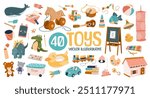 Set of 40 cute plush and plastic toys for kids. Chalkboard, car, dollhouse, tablet, books, ball, musical instruments, cubes for preschool boys and girls. Isolated flat vector illustrations on white.