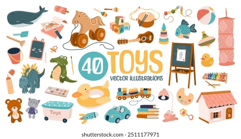 Conjunto de 40 bonitos brinquedos de pelúcia e plástico para crianças. Chalkboard, carro, casa de bonecas, tablet, livros, bola, instrumentos musicais, cubos para meninos pré-escolares e meninas. Ilustrações isoladas de vetor plano em branco.