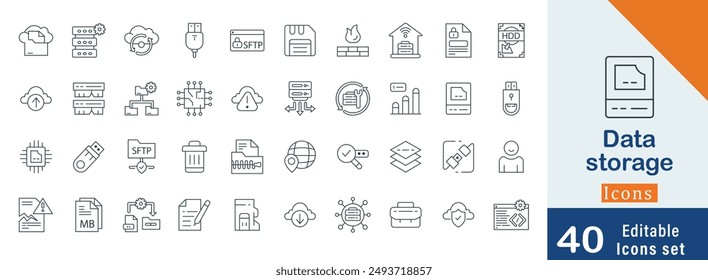 Set of 40 data storage editable stroke line icon set with  SFTP,  Email Envelopes, User Profiles, Data Backup, Data Storage and more stroke icon