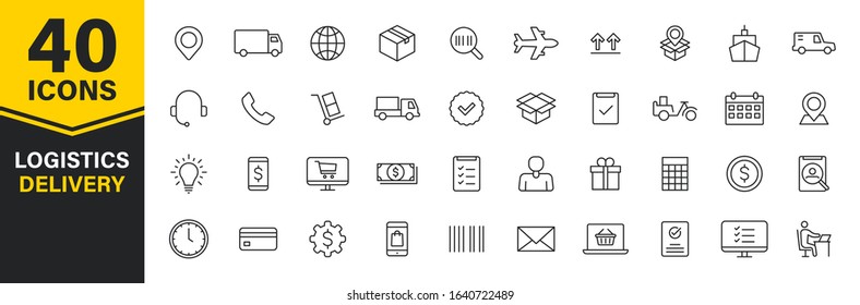 Set of 40 Delivery and logistics web icons in line style. Courier, shipping, express delivery, tracking order, support, business. Vector illustration.