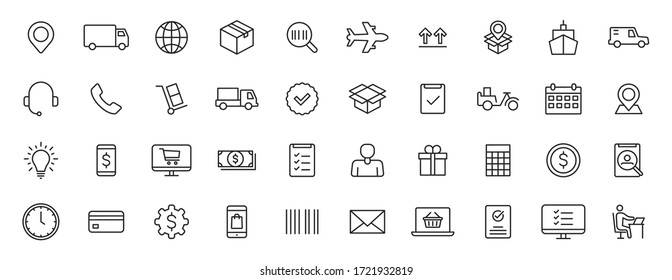 Set of 40 Delivery and logistics web icons in line style. Courier, shipping, express delivery, tracking order, support, business. Vector illustration.
