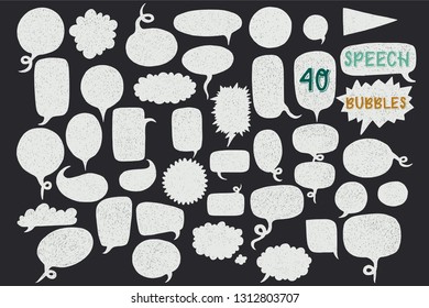 Set of 40 different hand drawn speech bubbles. White hand hatched bubbles on dark background. Isolated vector images. Round, square, oblong, triangle, cloud, serrate form. Cartoon style objects.