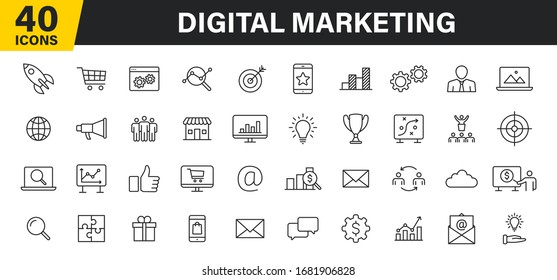 Set of 40 Digital Marketing web icons in line style. Social, networks, feedback, communication, marketing, ecommerce. Vector illustration.