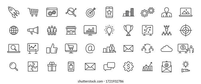 Set of 40 Digital Marketing web icons in line style. Social, networks, feedback, communication, marketing, ecommerce. Vector illustration.