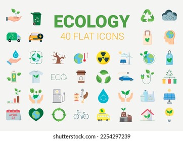 Conjunto de 40 iconos ecológicos y ambientales. estilo plano