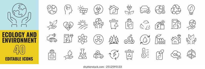 Set of 40 Ecology and Environment Icons: Renewable Energy, Ecology, and Green Electricity Symbols. Includes Icons for CO2 Neutral, Solar, Geothermal, Wind Energy, and More.