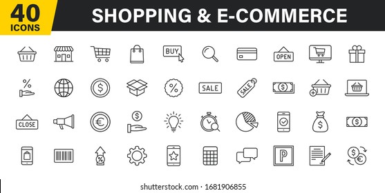 Set of 40 E-commerce and shopping web icons in line style. Mobile Shop, Digital marketing, Bank Card, Gifts. Vector illustration.