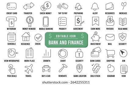 A set of 40 editable line icons about banking, finance, and business. Perfect for apps, websites, fintech UI, and presentations. Clean, modern, and scalable.
