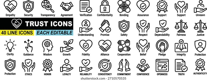 40 bearbeitbare Liniensymbole, die sich auf das Konzept des Vertrauens beziehen und für verschiedene Design- und Geschäftszwecke verwendet werden können.