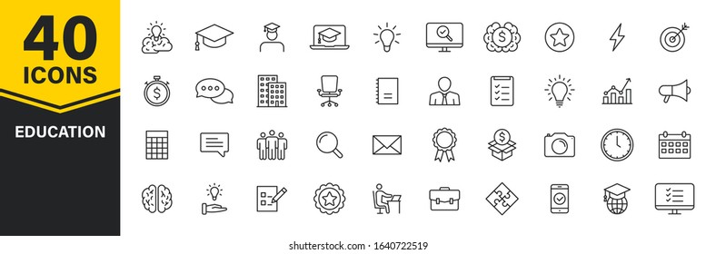 Set of 40 Education and Learning web icons in line style. School, university, textbook, learning. Vector illustration.